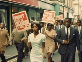 histórico colori foto do uma mulher conduzindo uma protesto ai generativo