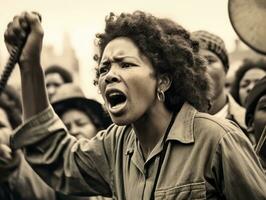 histórico colori foto do uma mulher conduzindo uma protesto ai generativo