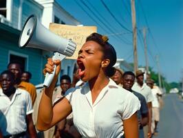 histórico colori foto do uma mulher conduzindo uma protesto ai generativo