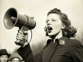 histórico colori foto do uma mulher conduzindo uma protesto ai generativo