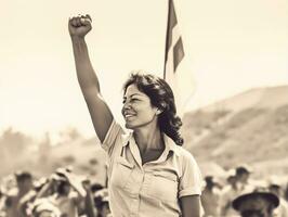 histórico colori foto do uma mulher conduzindo uma protesto ai generativo