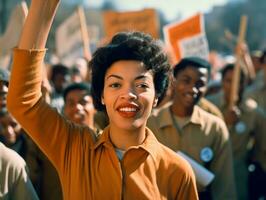 histórico colori foto do uma mulher conduzindo uma protesto ai generativo