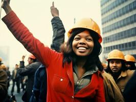 histórico colori foto do uma mulher conduzindo uma protesto ai generativo