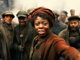 histórico colori foto do uma mulher conduzindo uma protesto ai generativo