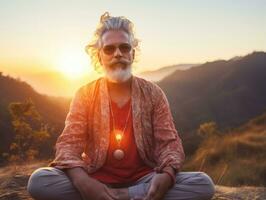 homem meditando dentro a seio do natureza ai generativo foto