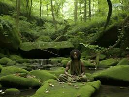 homem meditando dentro a seio do natureza ai generativo foto