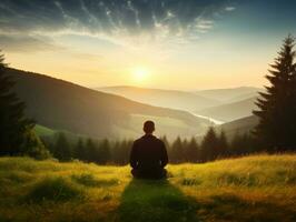 homem meditando dentro a seio do natureza ai generativo foto