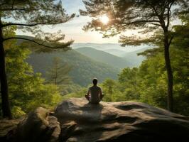 homem meditando dentro a seio do natureza ai generativo foto