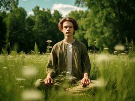 homem meditando dentro a seio do natureza ai generativo foto