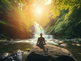 homem meditando dentro a seio do natureza ai generativo foto