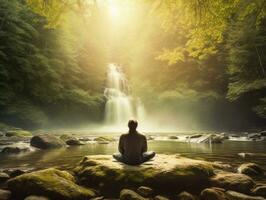 homem meditando dentro a seio do natureza ai generativo foto