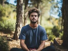 homem meditando dentro a seio do natureza ai generativo foto