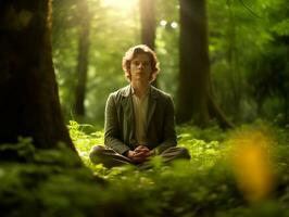 homem meditando dentro a seio do natureza ai generativo foto