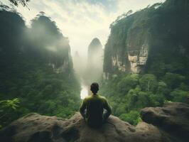 homem meditando dentro a seio do natureza ai generativo foto