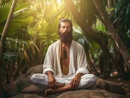 homem meditando dentro a seio do natureza ai generativo foto