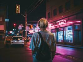 mais Tamanho mulher caminhando com confiança através a vibrante néon aceso ruas ai generativo foto