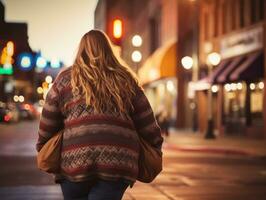 mais Tamanho mulher caminhando com confiança através a vibrante néon aceso ruas ai generativo foto