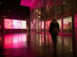 mais Tamanho mulher caminhando com confiança através a vibrante néon aceso ruas ai generativo foto