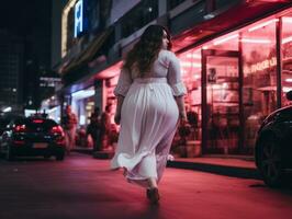 mais Tamanho mulher caminhando com confiança através a vibrante néon aceso ruas ai generativo foto