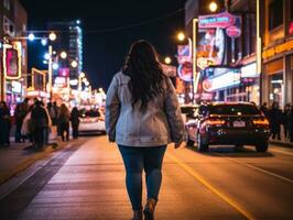 mais Tamanho mulher caminhando com confiança através a vibrante néon aceso ruas ai generativo foto