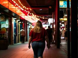 mais Tamanho mulher caminhando com confiança através a vibrante néon aceso ruas ai generativo foto