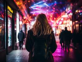 mais Tamanho mulher caminhando com confiança através a vibrante néon aceso ruas ai generativo foto