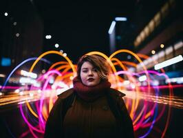 mais Tamanho mulher caminhando com confiança através a vibrante néon aceso ruas ai generativo foto