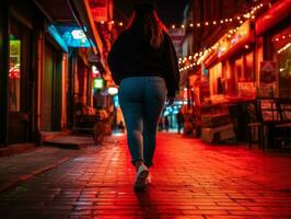 mais Tamanho mulher caminhando com confiança através a vibrante néon aceso ruas ai generativo foto