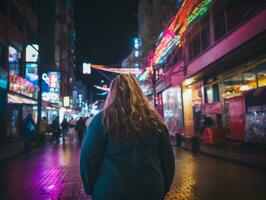 mais Tamanho mulher caminhando com confiança através a vibrante néon aceso ruas ai generativo foto