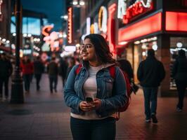 mais Tamanho mulher caminhando com confiança através a vibrante néon aceso ruas ai generativo foto