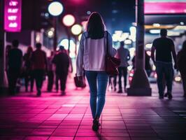 mais Tamanho mulher caminhando com confiança através a vibrante néon aceso ruas ai generativo foto