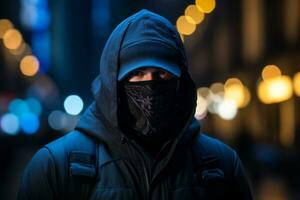 uma homem dentro uma Preto moletom com capuz e face mascarar em a rua às noite generativo ai foto