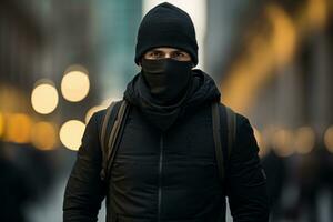 uma homem vestindo uma Preto face mascarar e uma Preto Jaqueta generativo ai foto