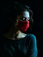 uma mulher dentro uma Preto camisa com uma vermelho cirúrgico mascarar em dela face generativo ai foto