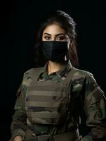 uma mulher dentro uma militares uniforme é vestindo uma face mascarar generativo ai foto