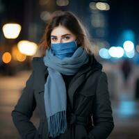 uma mulher vestindo uma face mascarar dentro a cidade às noite generativo ai foto