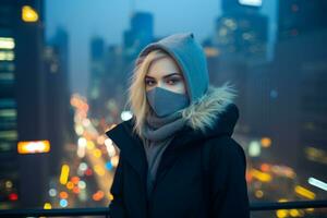 uma mulher vestindo uma face mascarar dentro a cidade às noite generativo ai foto