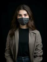 uma mulher vestindo uma face mascarar em uma Preto fundo generativo ai foto