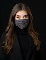 uma mulher vestindo uma face mascarar em uma Preto fundo generativo ai foto