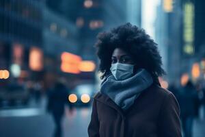 uma mulher vestindo uma face mascarar em uma cidade rua generativo ai foto