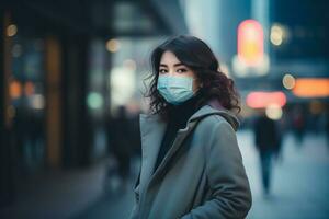 uma mulher vestindo uma face mascarar em uma cidade rua generativo ai foto