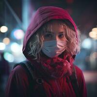 uma mulher vestindo uma médico mascarar dentro a cidade às noite generativo ai foto