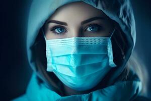 uma mulher vestindo uma médico mascarar generativo ai foto