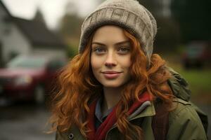 uma mulher com vermelho cabelo e uma gorro é em pé dentro frente do uma carro generativo ai foto