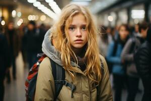 uma jovem menina com uma mochila em pé dentro a meio do uma multidão generativo ai foto