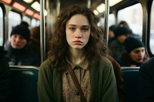 uma jovem mulher sentado em uma metrô trem foto