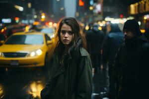 uma mulher em pé dentro a meio do uma cidade rua às noite foto