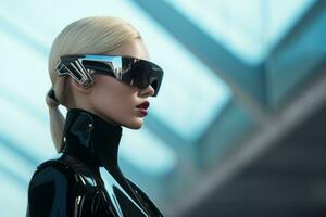 uma mulher dentro uma futurista terno e oculos de sol foto