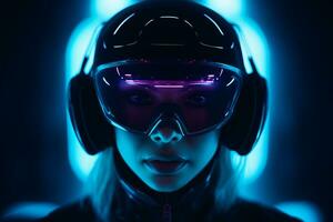 uma mulher vestindo uma capacete com néon luzes generativo ai foto