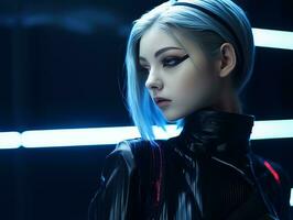 uma mulher com azul cabelo dentro uma futurista equipamento generativo ai foto